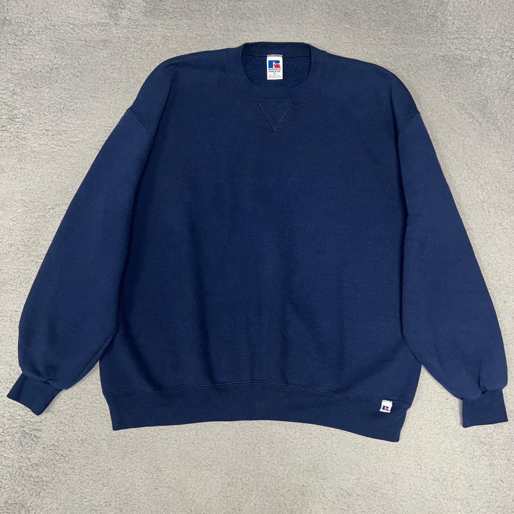 VTG Russell Athletics Sweater Men's Size XL Blue Blank Crew Neck Made in USA 90s